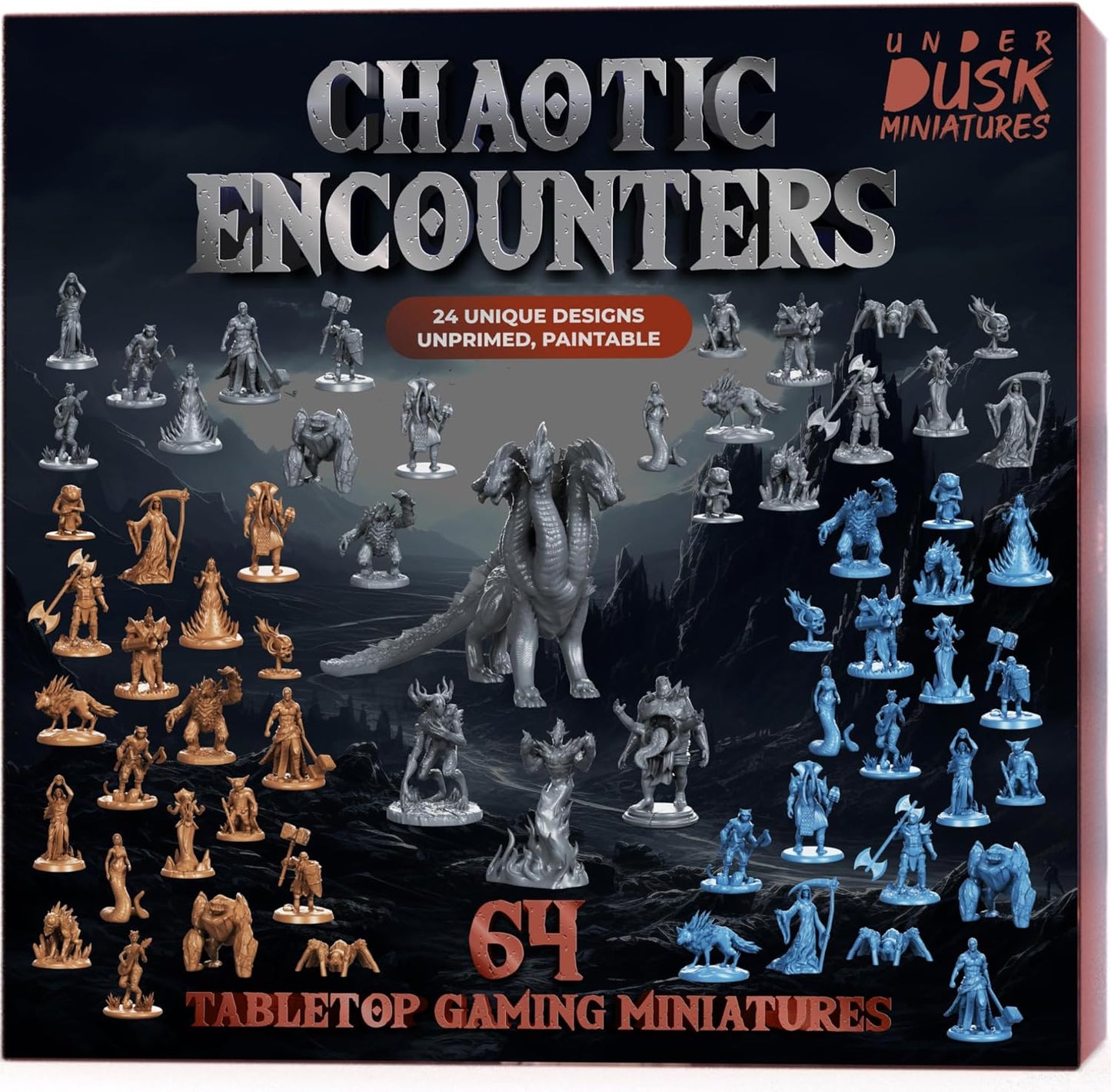 Underdusk: Chaotic Encounters - 64 Unpainted Tabletop Miniatures for D&D, Pathfinder & RPGs | Monster Figures Starter Pack with Stat Blocks