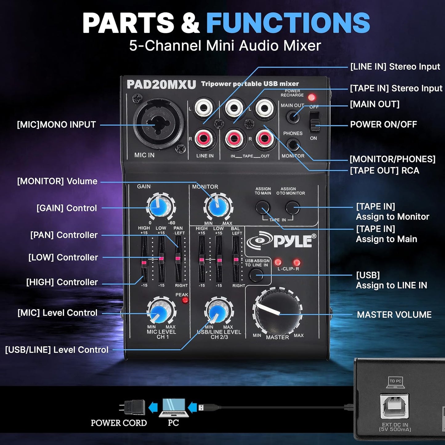 Pyle 5-Channel Professional Audio Mixer DJ Sound Board – Compact Music Mixer with USB Interface, EQ Controls, XLR Mic Input, 18V Phantom Power, Rechargeable Battery – USB/Line/Master Controls