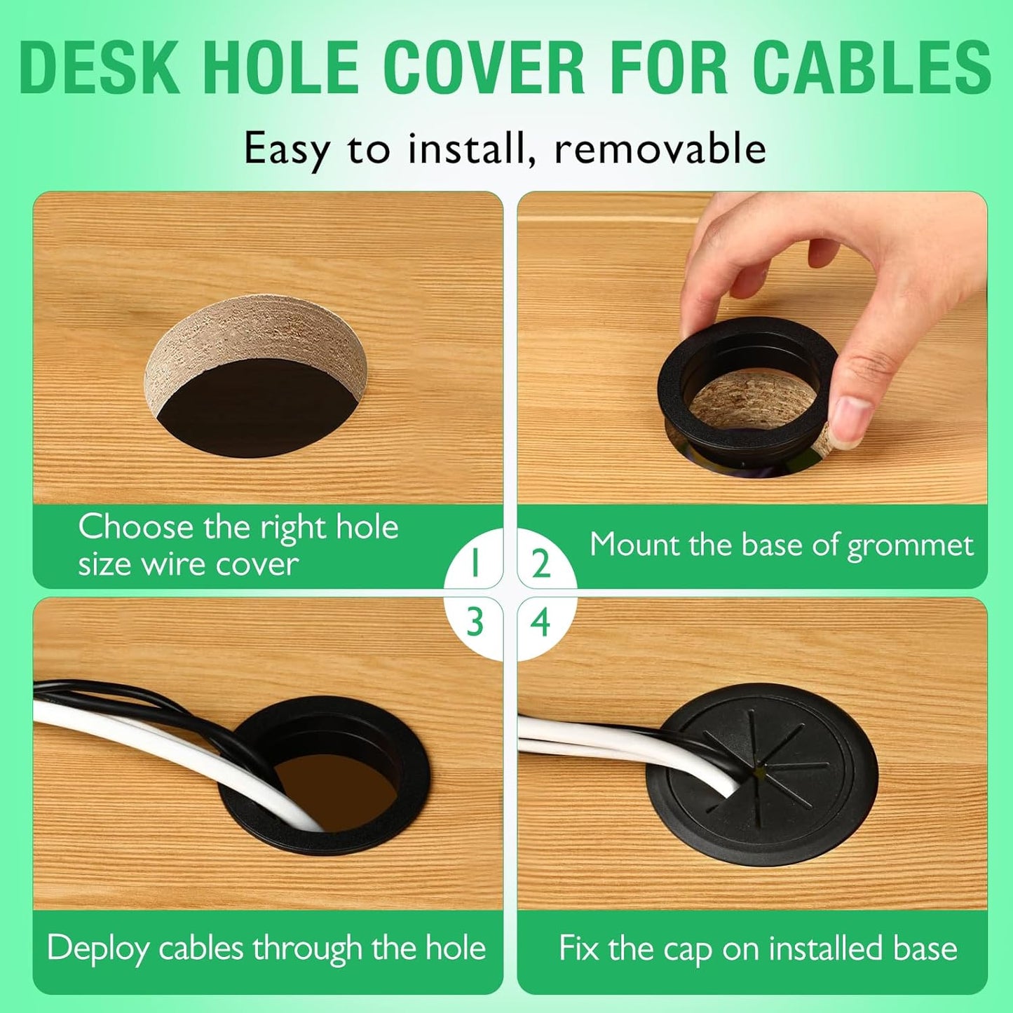 2 Pcs Desk Grommet 2-3/8" / 60 mm, Desk Hole Cover for Cables Black and White, Cable Grommet ABS Plastic, Desk Hole Grommet for Home & Office Pc, Detachable Cable Cord Organizer