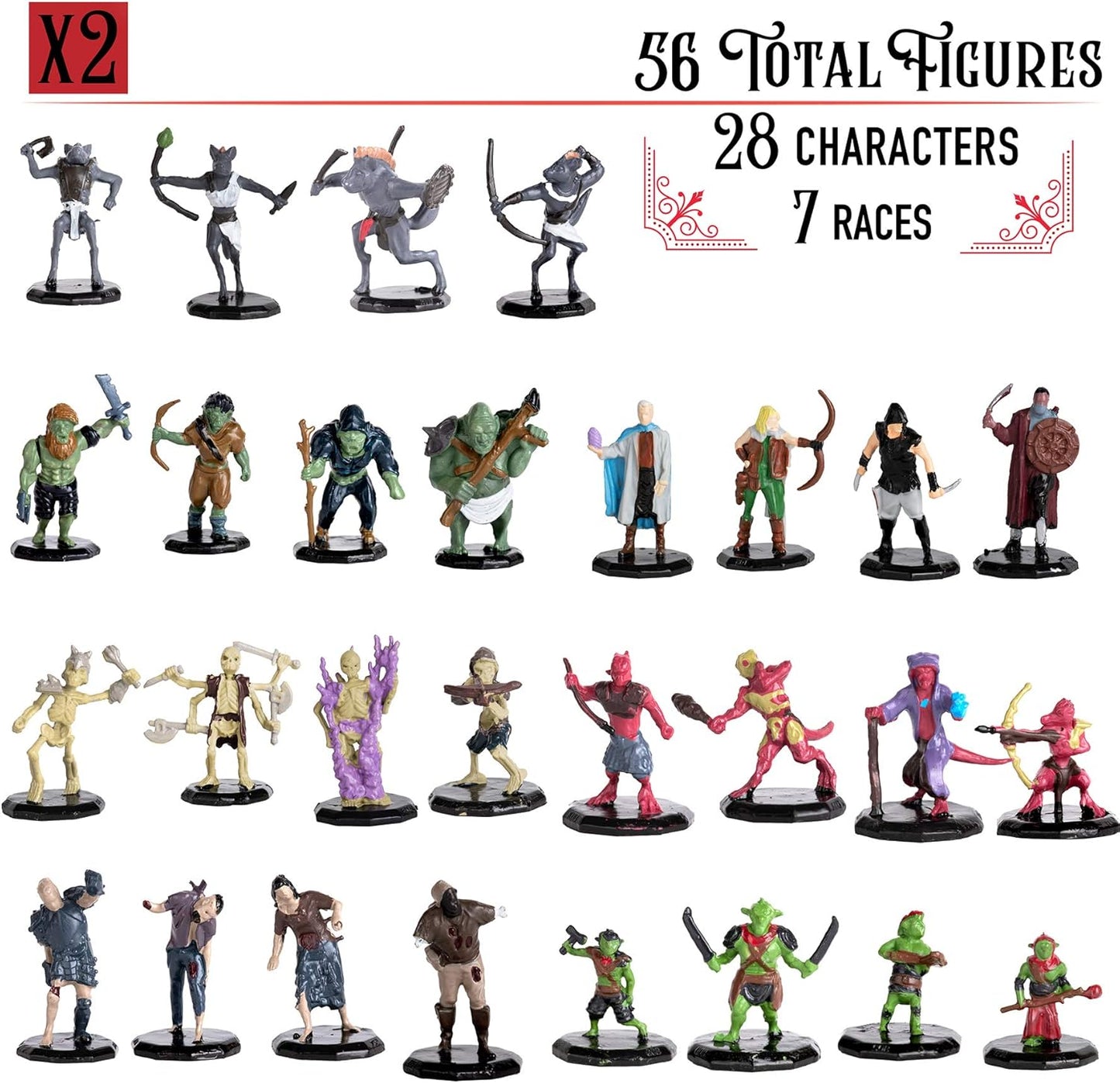 Monster Protectors 56 Fantasy Mini Figures - All Unique Designs - 1" Hex-Sized Compatible with DND Dungeons Dragons, Pathfinder, RPG Tabletop Games - Features Goblins, Orcs, Gnolls, Skeletons & More
