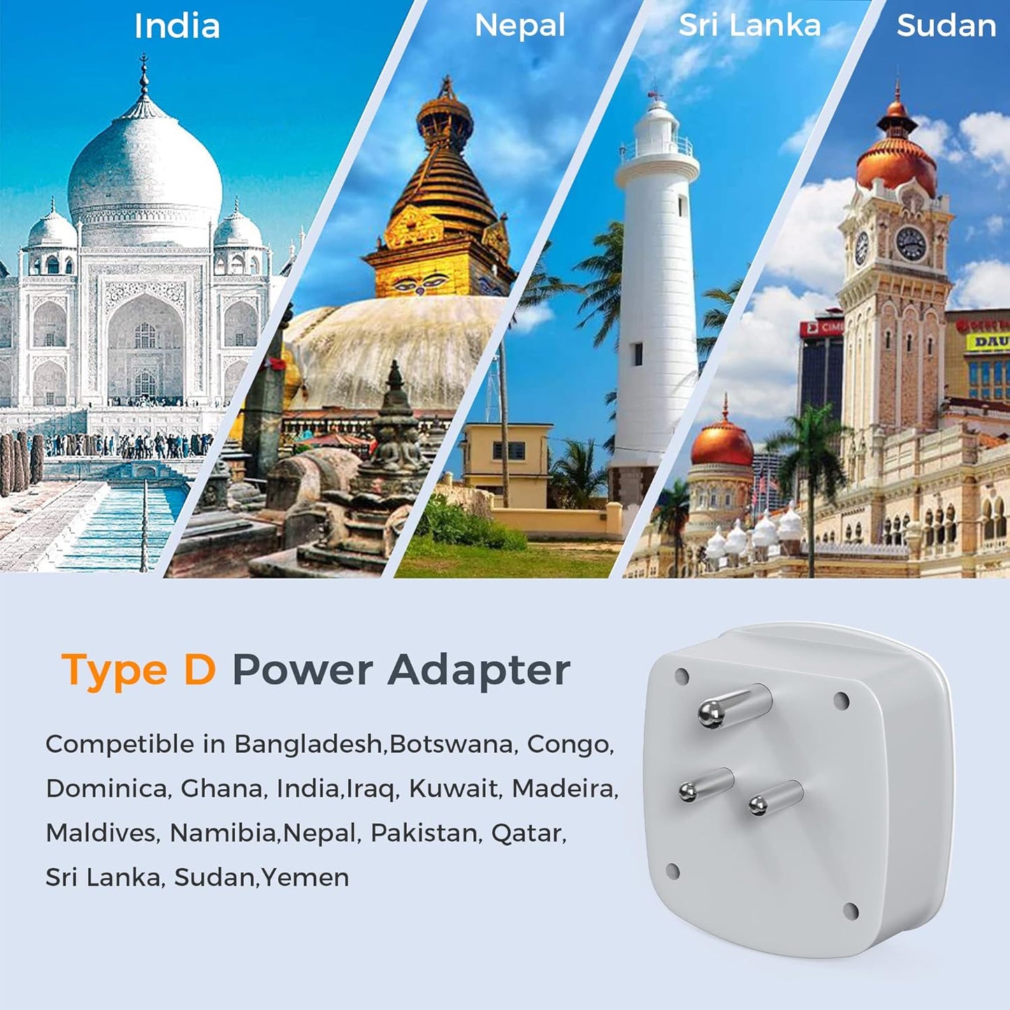 TESSAN US to India Plug Adapter, Type D Travel Adaptor with 2 USB Charger Ports 2 American Outlets, USA to Indian Power Adapter for Nepal Bangladesh Maldives Pakistan Tanzania Sri Lanka