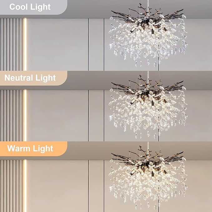 YUYI 23.6" Black Chandelier, 8-Light Modern Crystal Tree Branch Chandelier for Dining Room, Contemporary Luxury Round Raindrop Pendant Light Fixture for Living Room, Foyer, Entryway, Kitchen, Bedroom
