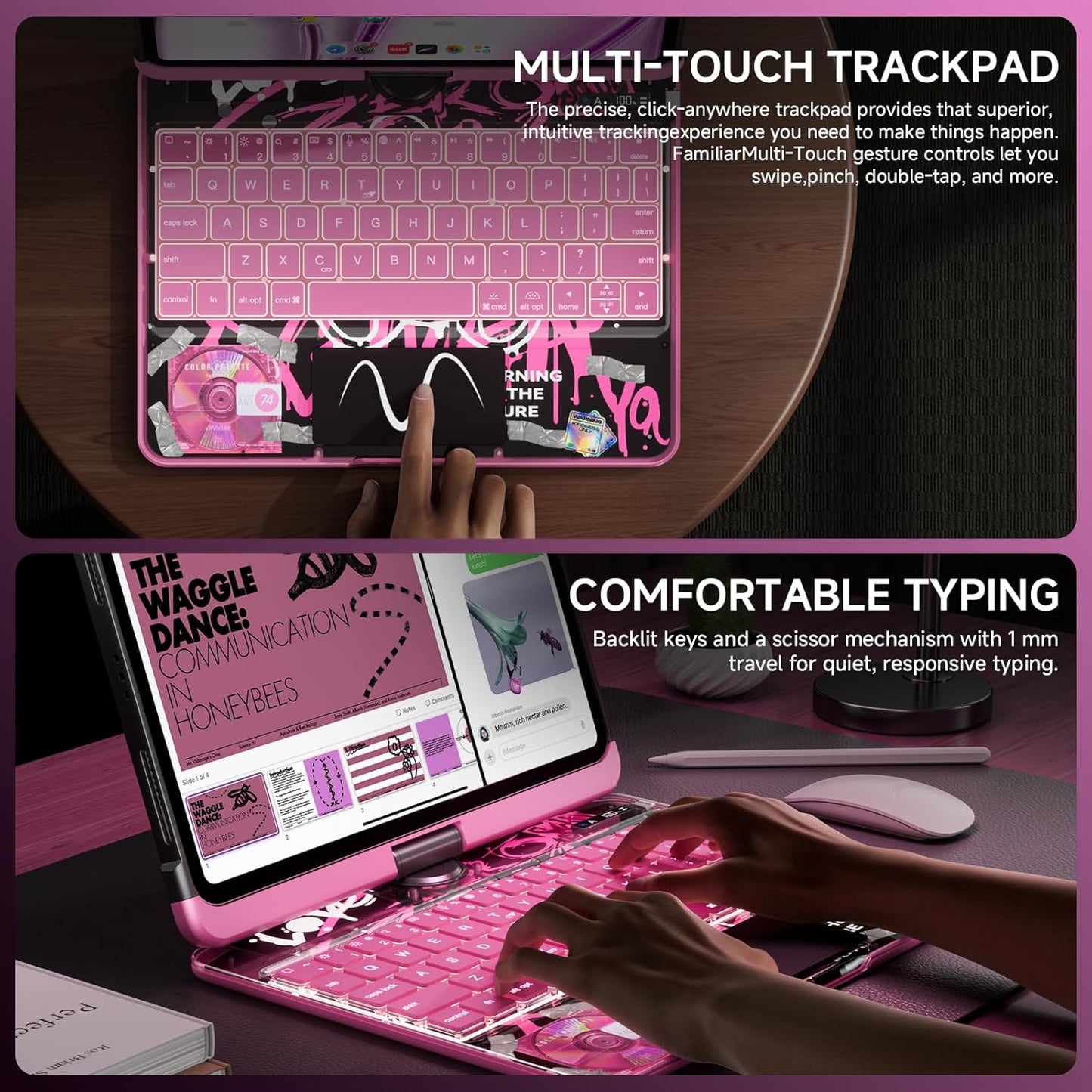 Transparent Case with Keyboard for iPad Air 13 Inch (M3/M2, 2025/2024), iPad Pro 12.9 Inch (6/5/4/3 Gen),7-Color Backlit,Magic Wireless Keyboard, 360°Rotating,with trackpad,Pencil Holder,Pink