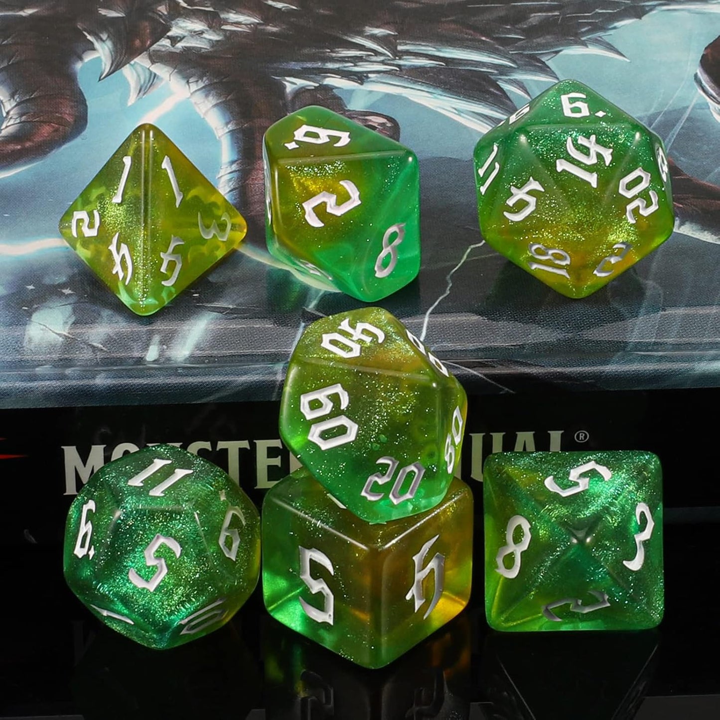 QMAY DND Dice Set -D&D Polyhedral Dice (7 Pcs) for Dungeons and Dragons (Pale Yellow and Green Glitter)