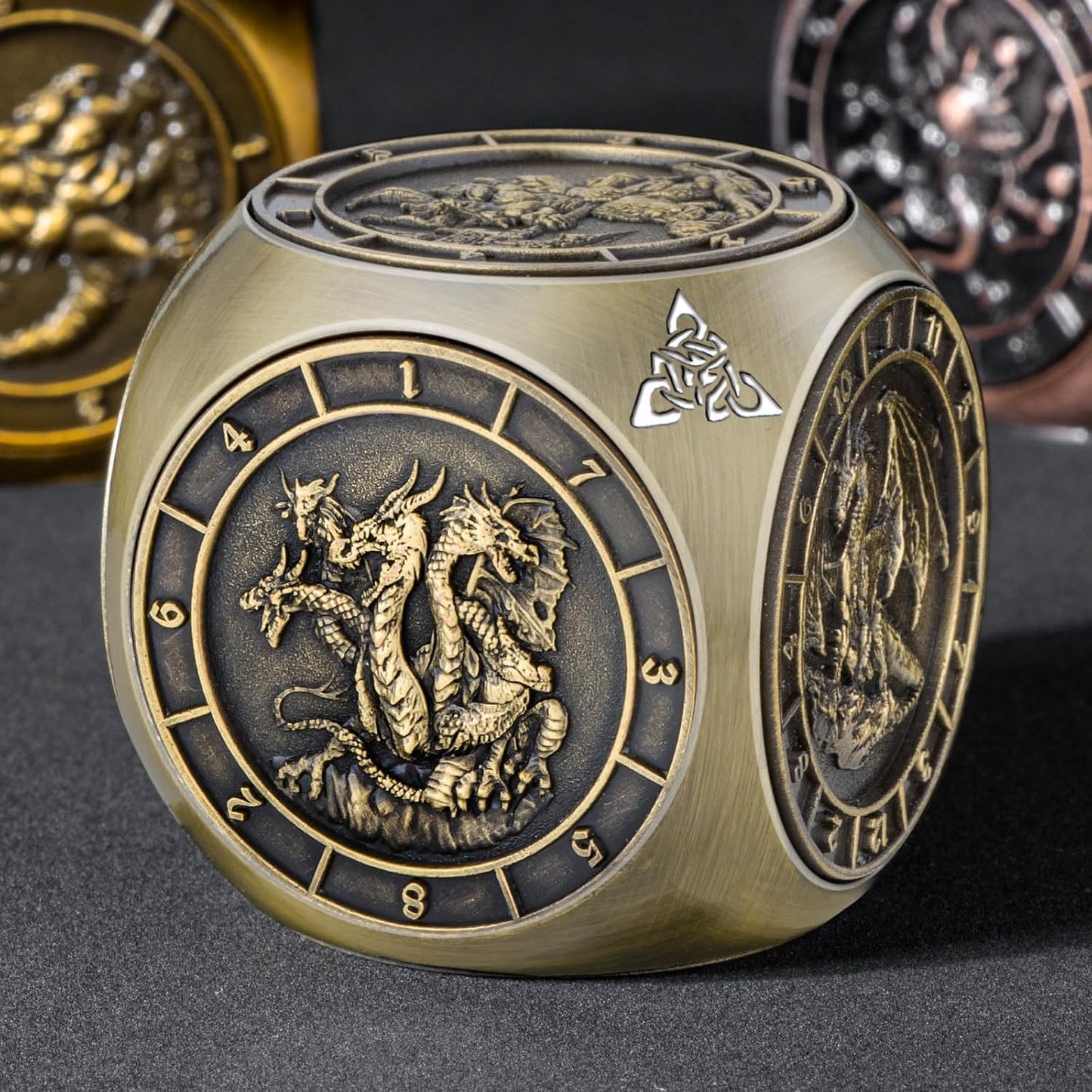 7 in 1 D6 Spinner DND Dice Set D&D, Metal Cube D and D Dice with Gift Box, Dungeons Dragons Role Playing Dice, Bronze