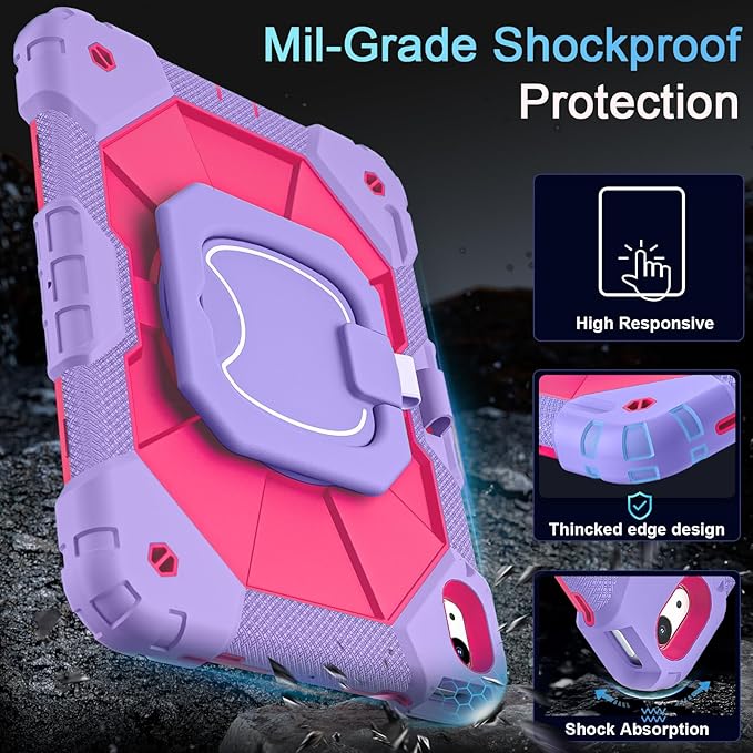 Case for iPad (A16) 11th Gen 11 Inch (2025) /iPad 10th Gen 10.9 Inch (2022) with Screen Protector/Rotating Stand/Pencil Holder,Military Grade Shockproof i Pad Case 10th Generation,Purple Pink