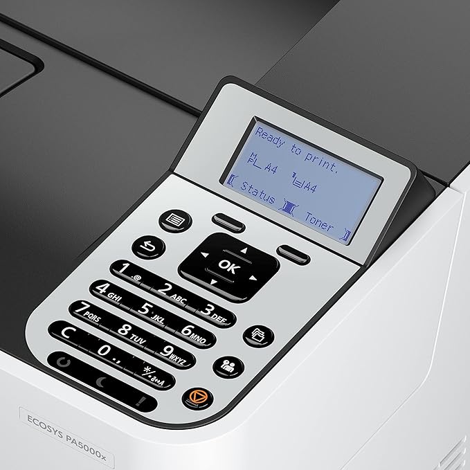 KYOCERA ECOSYS PA5000x Monochrome Laser Printer, 52 ppm, 600 x 600 dpi and Up to Fine 1200 dpi, 600 Sheet Tray, 100 Sheet MPT, Duplex, 5 Line LCD w/Hard Key Panel, Gigabit Ethernet, USB, 512 MB