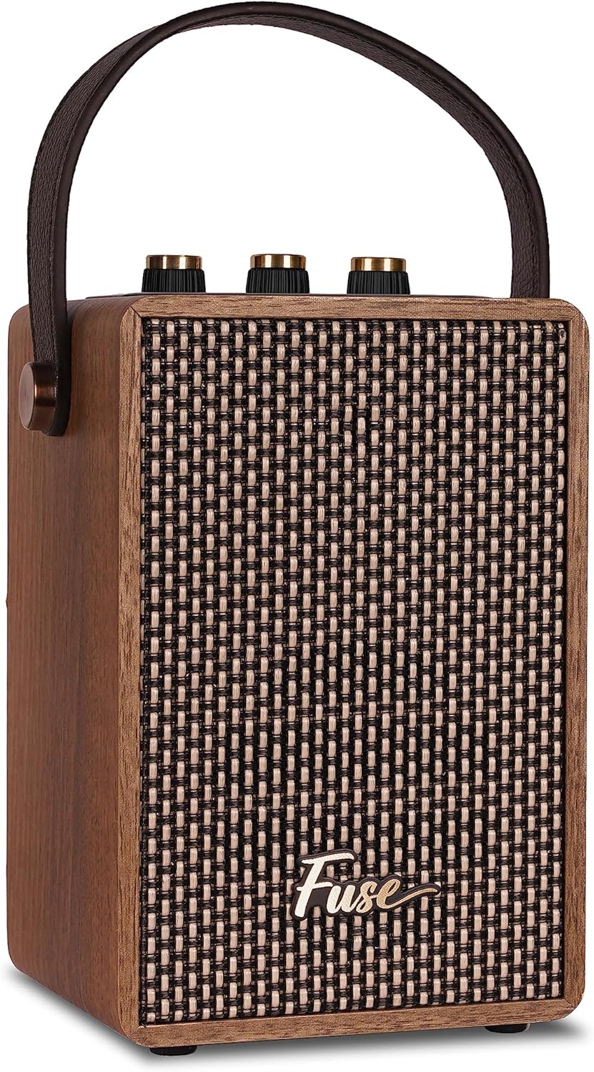 Fuse Andle Vintage Retro Bluetooth Speaker with Vegan Leather Handle | Portable Speaker with Smartphone Connection | USB & AUX Input | Stylish Brown Wood Exterior