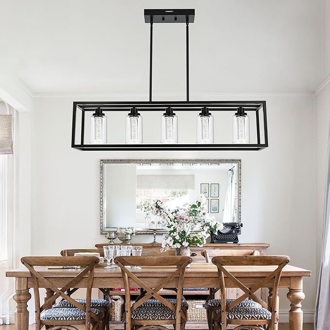 MELUCEE Dining Room Light Fixtures Over Table, 5 Light Black Kitchen Island Lighting LED Pendant Light, Linear Bubble Crystal Chandelier with Clear Glass, Built in LED chips 5-Color Temperature Adjust