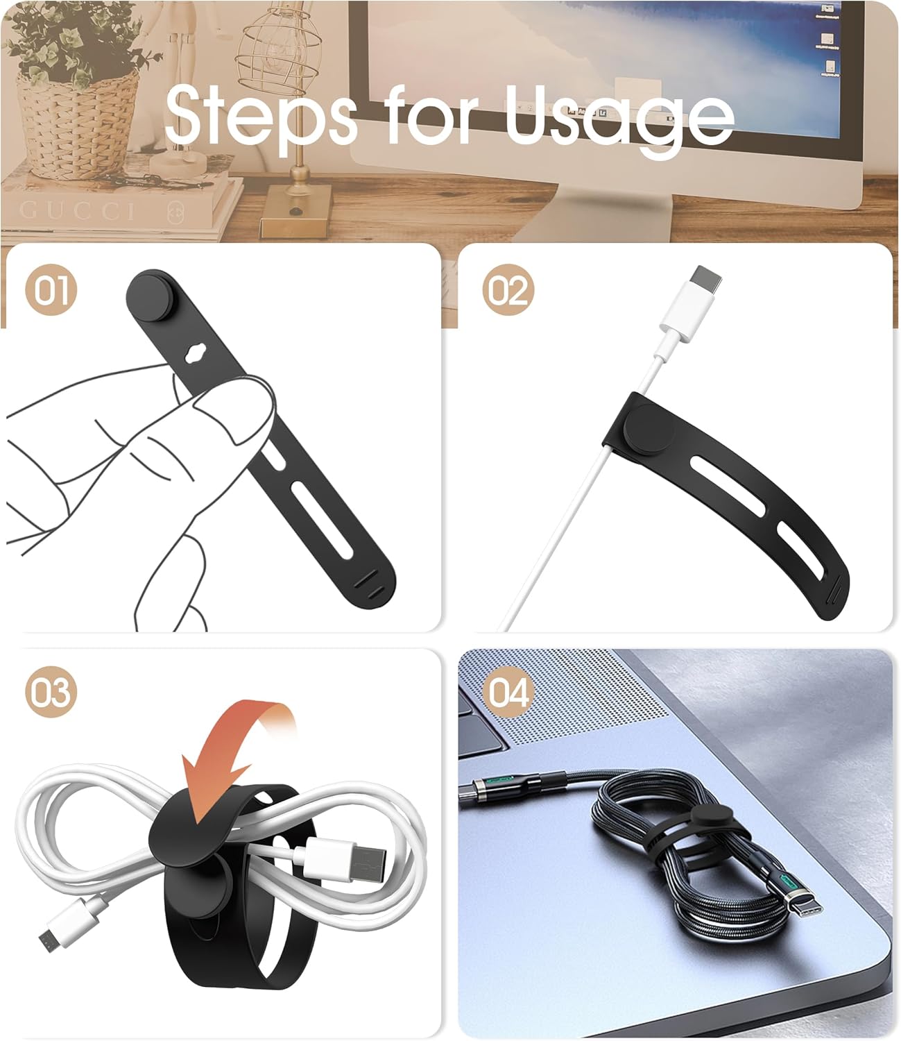 40Pcs Nearockle Reusable Cable Ties, Adjustable Silicone Cord Organizer Small Zip Ties for Charging Cords Earphone Computer Wire, Office Desk Cable Management Travel Accessories(White&Black)
