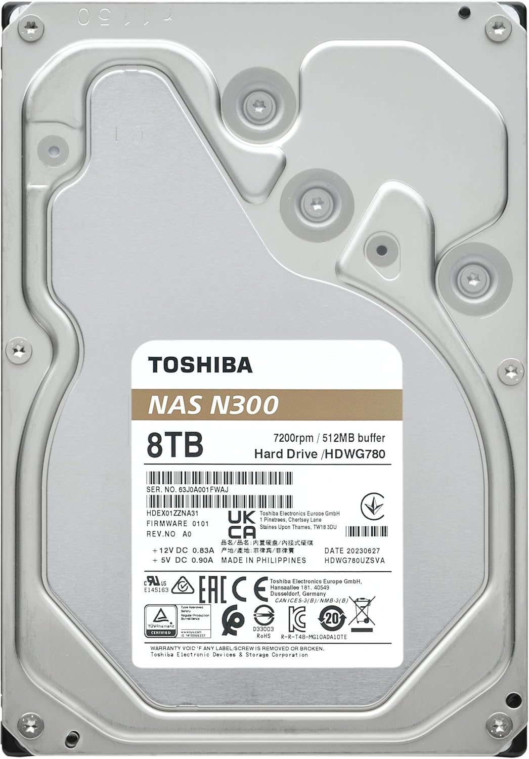 Toshiba N300 8TB NAS 3.5-Inch Internal Hard Drive - CMR SATA 6 GB/s 7200 RPM 512 MB Cache - HDWG780XZSTA