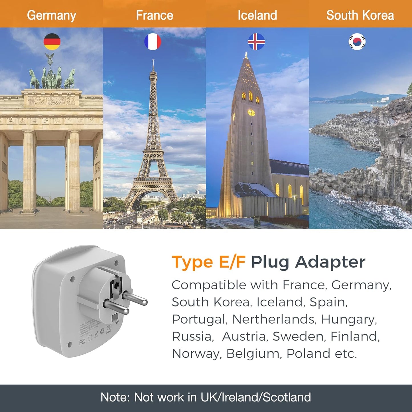 TESSAN Germany France Power Adapter, Type E F Plug Adaptor with 2 USB Ports 2 AC Outlets, US to European Europe German French Spain Greece Iceland Norway Russia Korea Poland