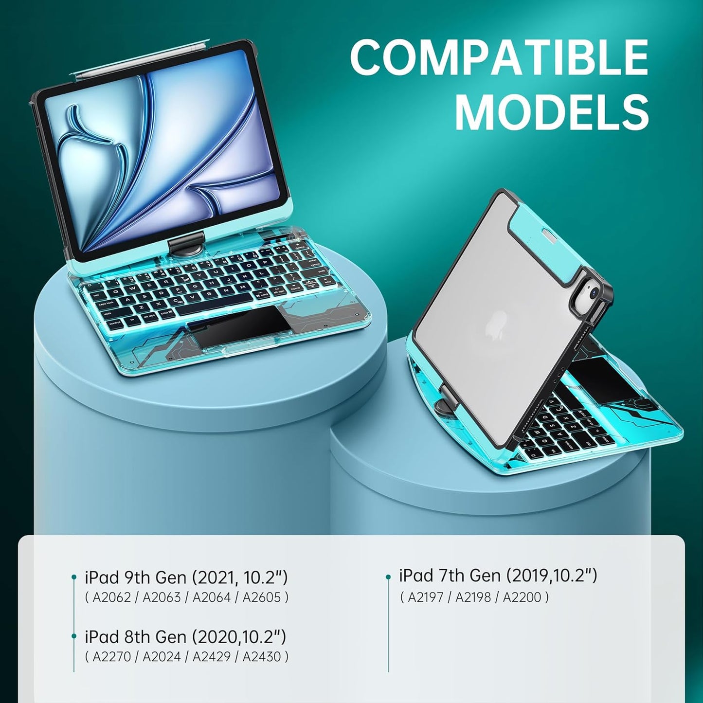 GUSGU Transparent Case with Wireless Keyboard for iPad 10.2-in (7th, 8th, and 9th Gen), 7 Colors Backlight, Trackpad, 360°Rotating Stand, Tech Style