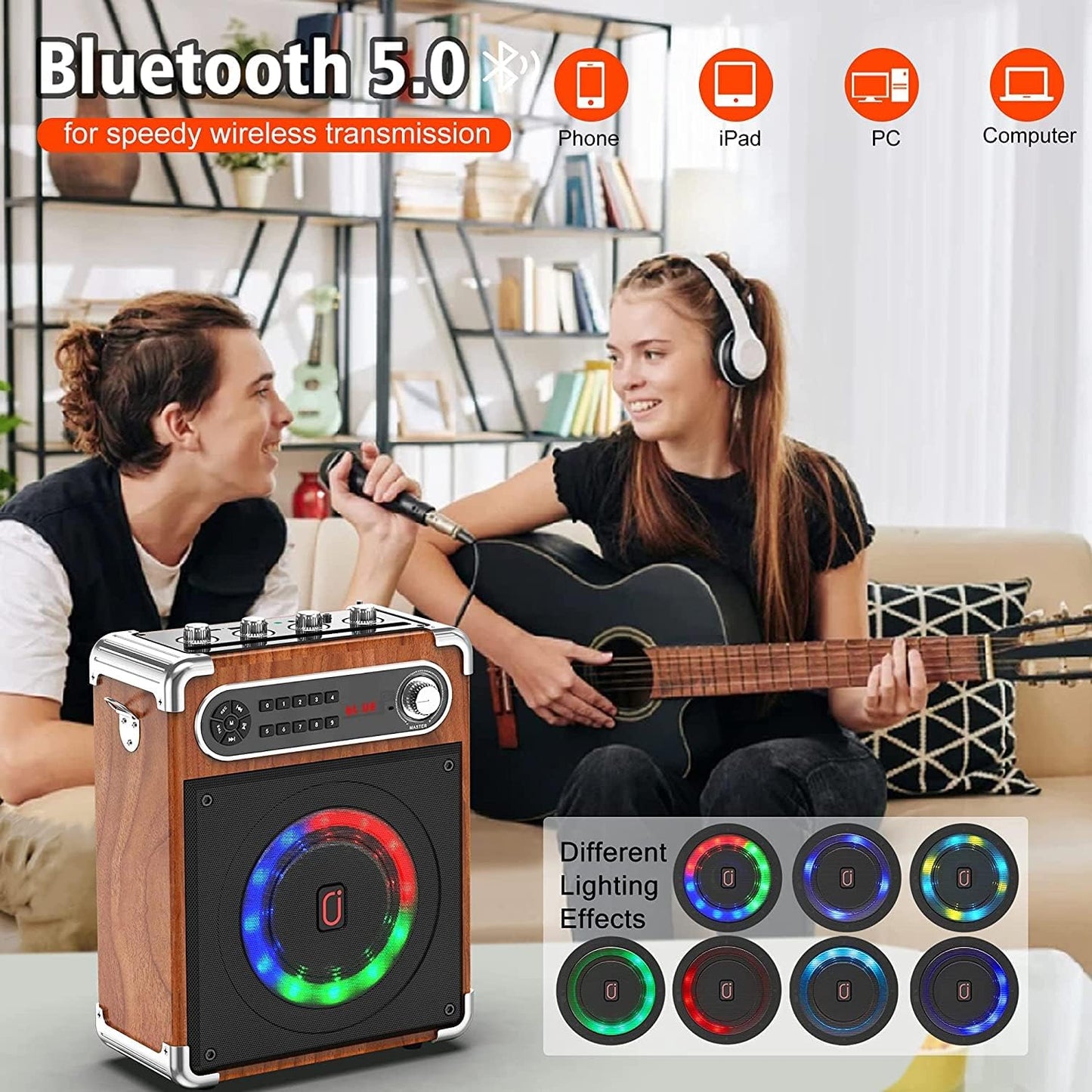 Bluetooth Speaker with Two Wireless Microphones, Outdoor Speaker with Subwoofer/Tweeter, Portable PA Speaker System with Remote Control, Discol Lights, FM, REC for Home, Party