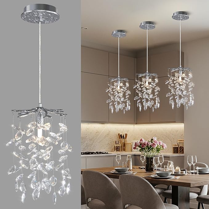 YUYI Modern Crystal Chandelier, 8.3" Silver Tree Branch Chandelier for Dining Room, Luxury Raindrop Pendant Light Fixture for Living Room, Kitchen Island, Bedroom, Foyer, 1 Light