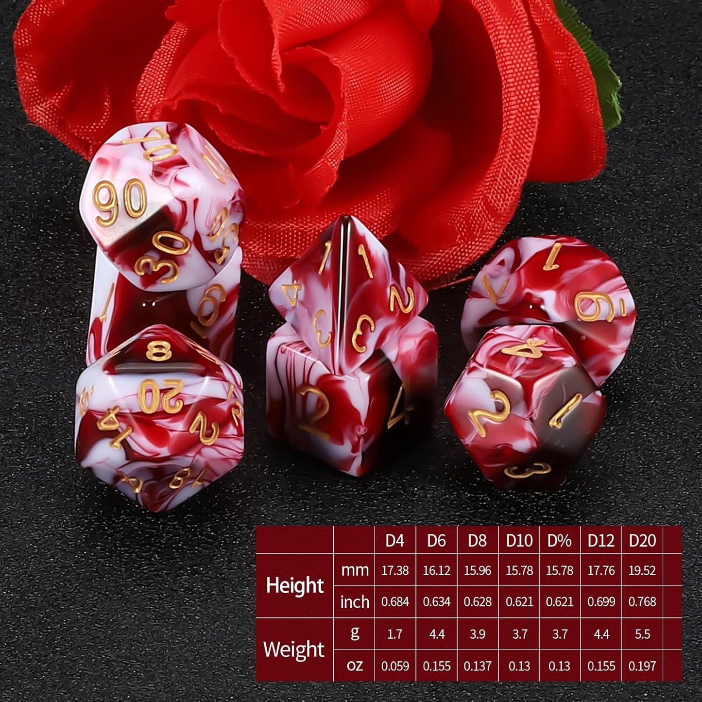 QMAY DND Dice Set -D&D Polyhedral Dice (7 Pcs) for Dungeons and Dragons (Blood red and White)