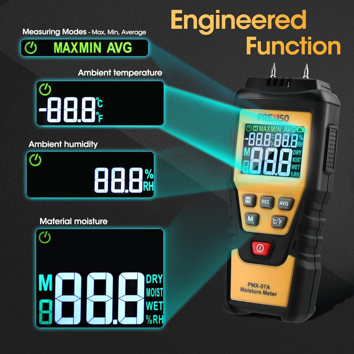 PREXISO Wood Moisture Meter - 7 in 1Digital Moisture Meter for Firewood, Woodworking, Walls, Home, Drywall, Paper, Floor - Moisture Reader, Pin-Type Water Leak Detector, Dampness Meter