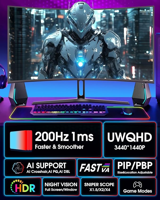 SANSUI 34 Inch UWQHD 200HZ Curved Gaming Monitor, FastVA 3440x1440P Ultrawide 1500R Curved Gaming Computer Monitor 21:9 with PIP PBP, AI Tech Enhance, 2xHDMI2.1 DP1.4Ports(HDMI2.1 Cable Incl.)
