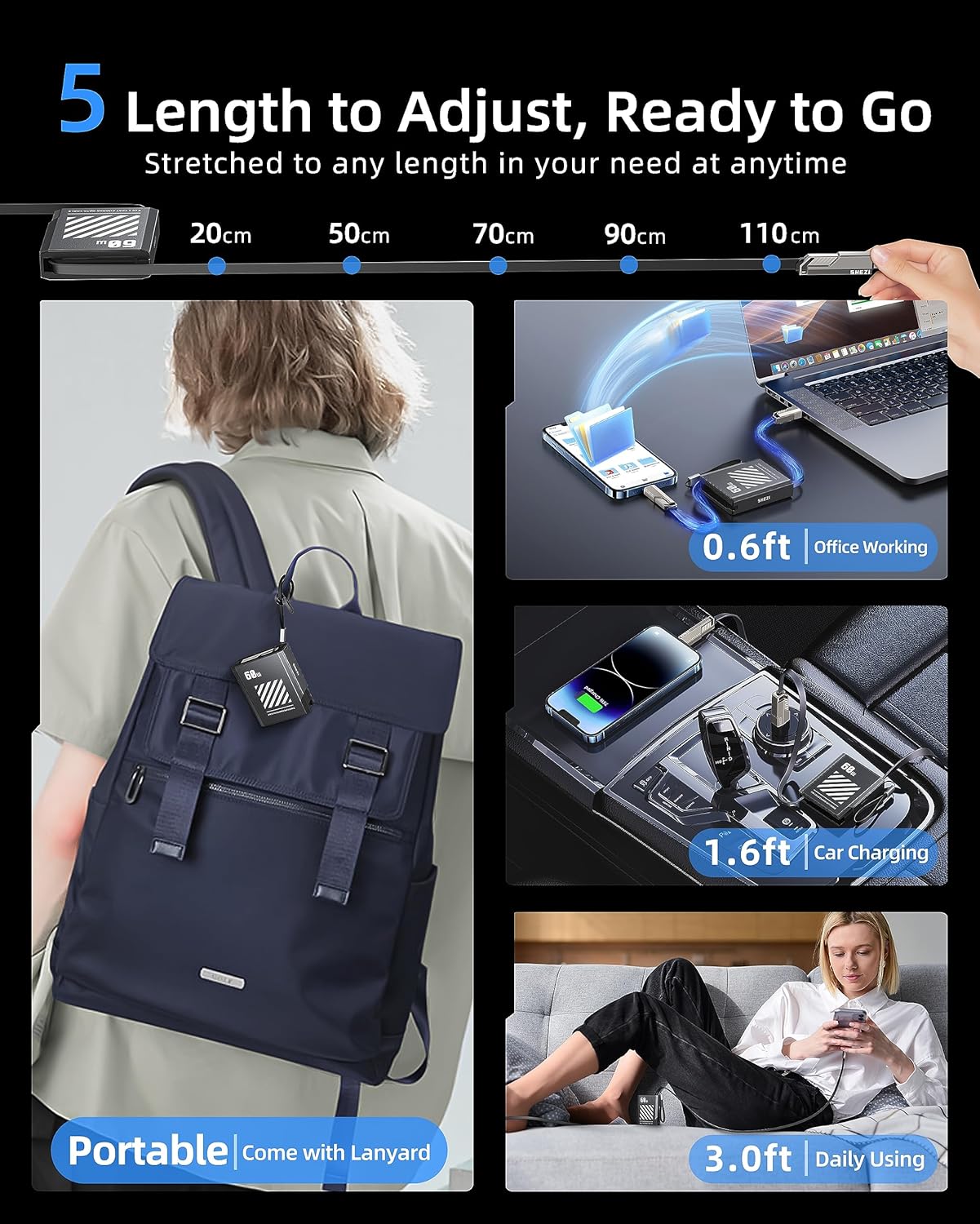 [ Retractable] 4-in-1 Compatible with USB C to Lightning Cable, 60W High-Speed Charging & Fast Data Transfer,CarPlay & Android Auto Support Multi Charger Cord Combo for iPhone/Samsung/iPad,3FT