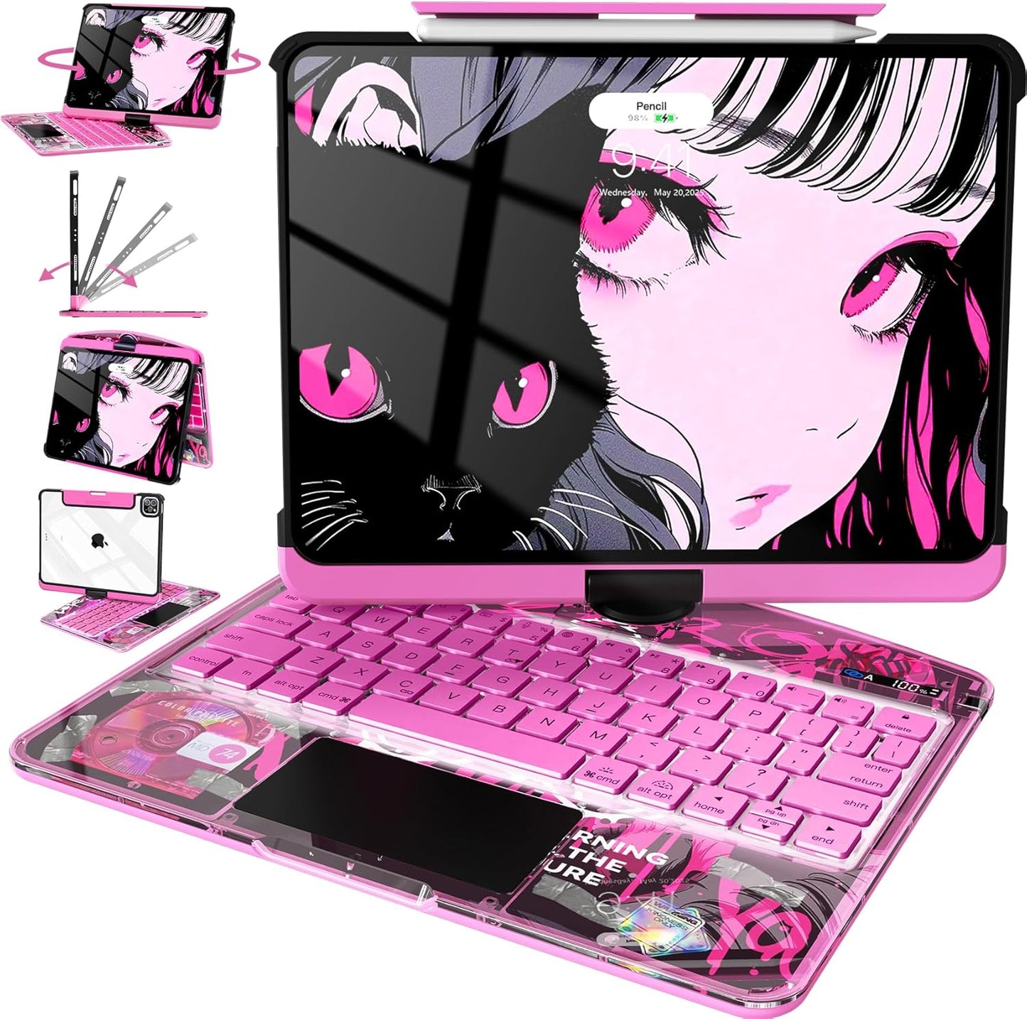 Intermerge Clear Keyboard Case for iPad Air 11" (M3/M2, 2025/2024), Air 5th/4th, Pro 11" 2022-2018, 360° Swivel Multi-Touch Trackpad, 7-Color Backlit, Pencil Holder, Type-C, Blush Pulse