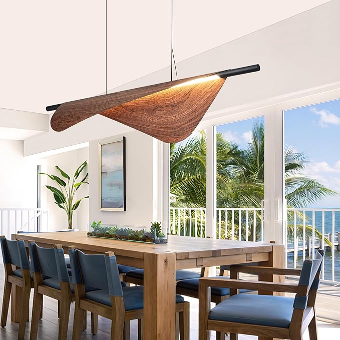 Walnut Pendant Lights Kitchen Island 39.4In Dimmable Wood Grain Linear Kitchen Chandeliers Over Table Hanging Light Fixture for Dining Room