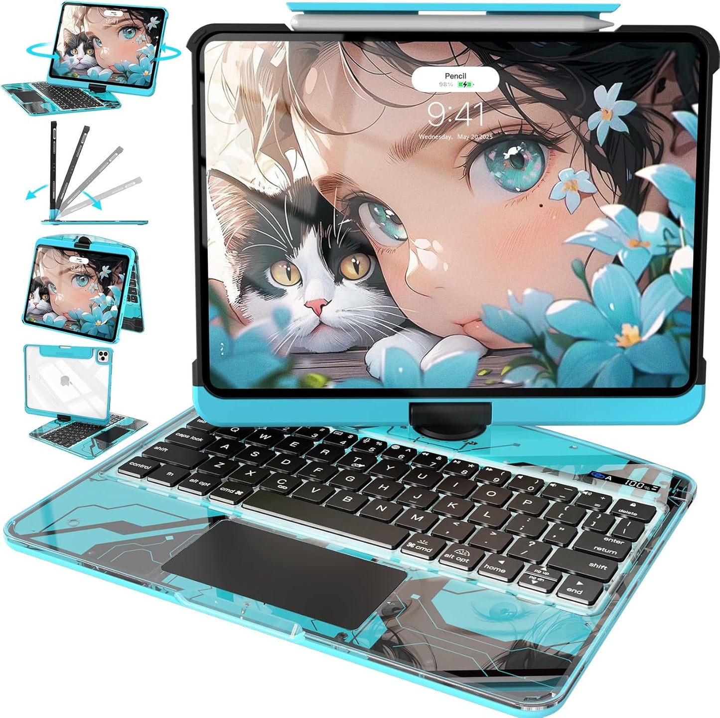 Intermerge for iPad 9th 10.2 inch Keyboard Case, 360° Transparent Multi-Touch Trackpad, 7-Color Backlit Keyboard, Pencil Holder, Type-C, Power Indicator for 9th/ 8th/ 7th - Nebula Core X