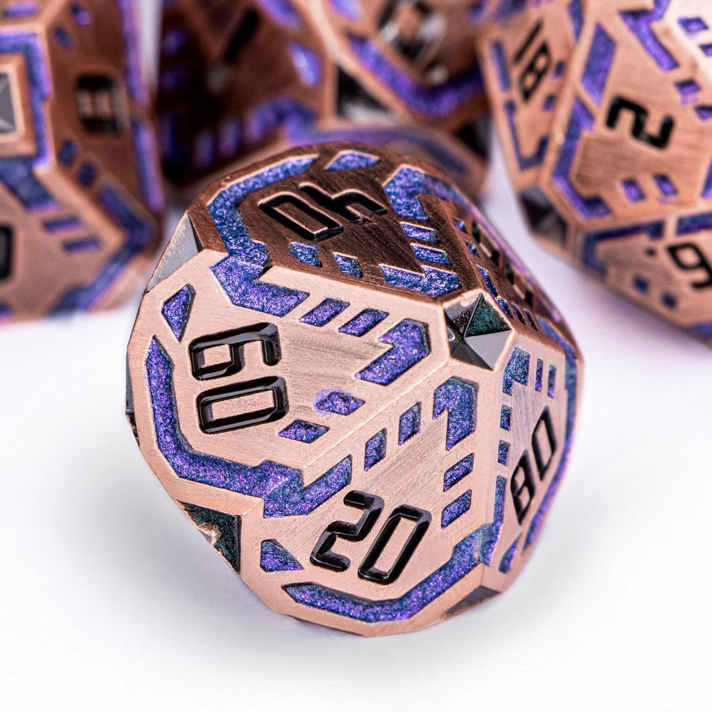 Metal DND Sci-fi Dice Set 7PCS Stripe Polyhedral Dice for Dungeons Dragons RPG Role Playing Game, Glitter D and D Dice with Gift Box D6 D8 D10 D12 D20 (Ancient Bronze&Purple)