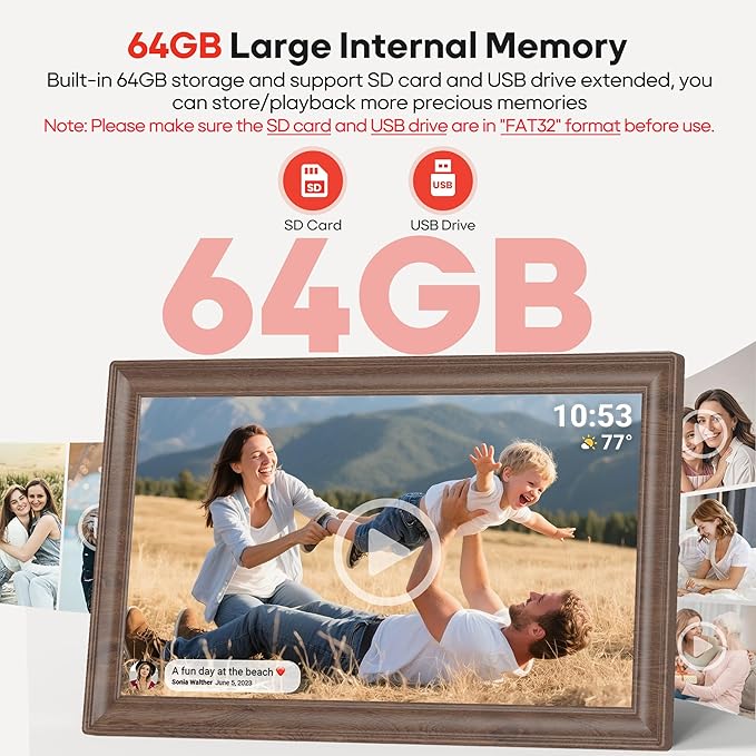 64GB 15.6" Frameo Digital Picture Frame WiFi, Large Electronic Photo Frames Wood 1920 x 1080 IPS FHD Touch Screen, Send Photos from Your Phone from Anywhere, Best Gifts for Family and Friends