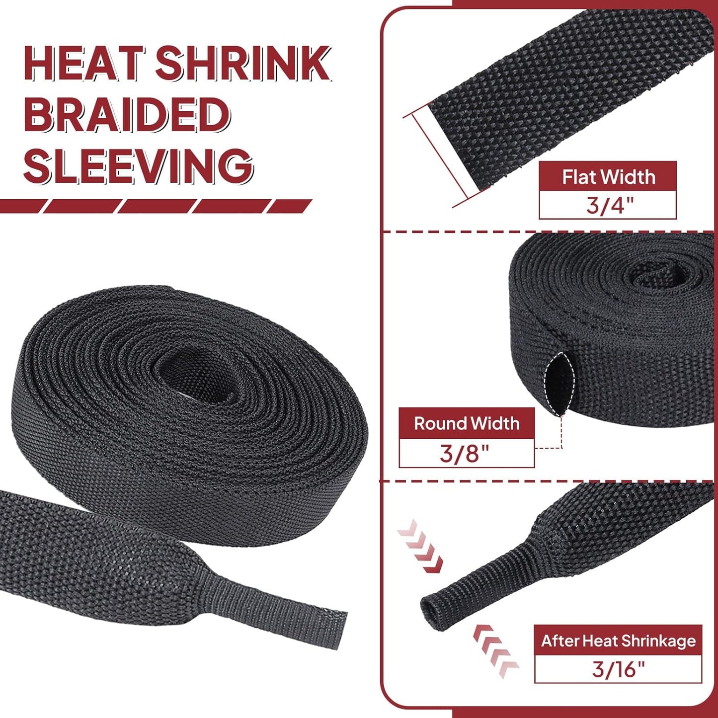 Heat Shrink Fabric Tubing Braided Sleeving 2:1 - Abrasion Protection Flexibility Wiring Harness Cable Sheath (3/8" ID, 30ft)