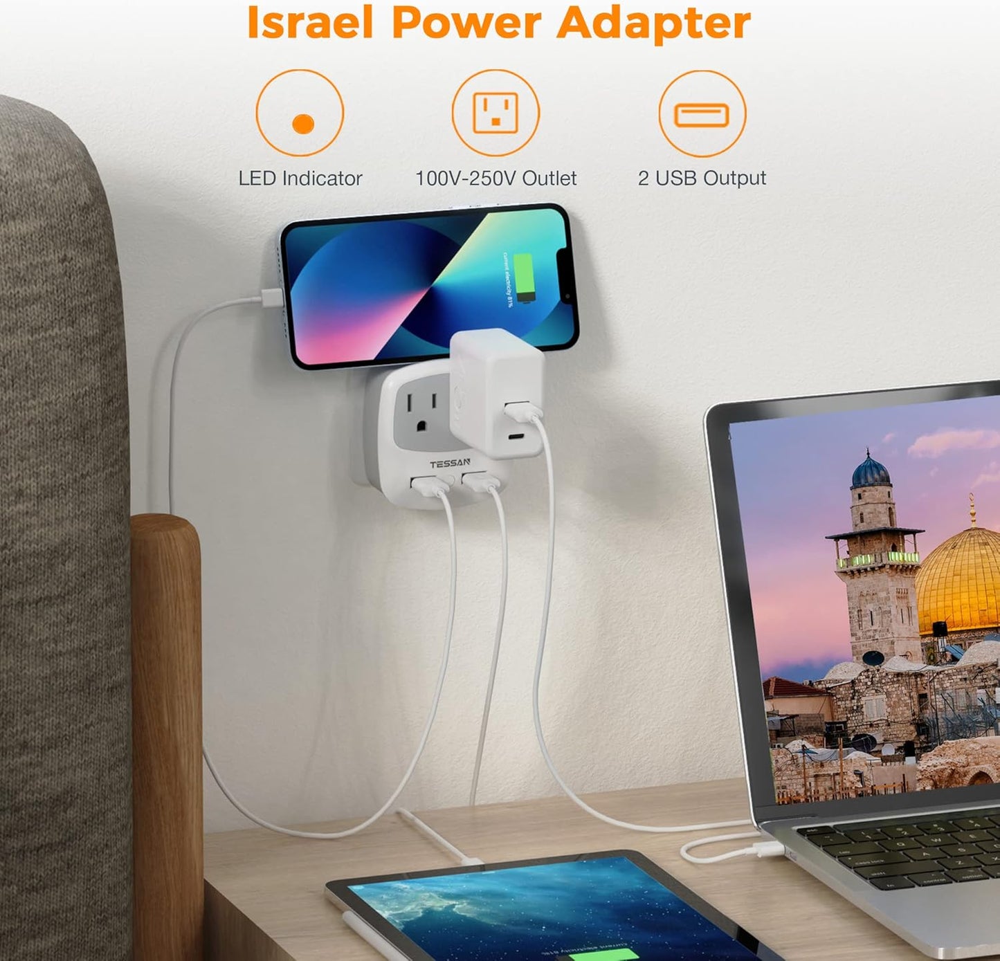TESSAN Israel Power Adapter, Type H Travel Plug Adaptor with 2 USB Ports 2 American Outlets for US to Israel Jerusalem