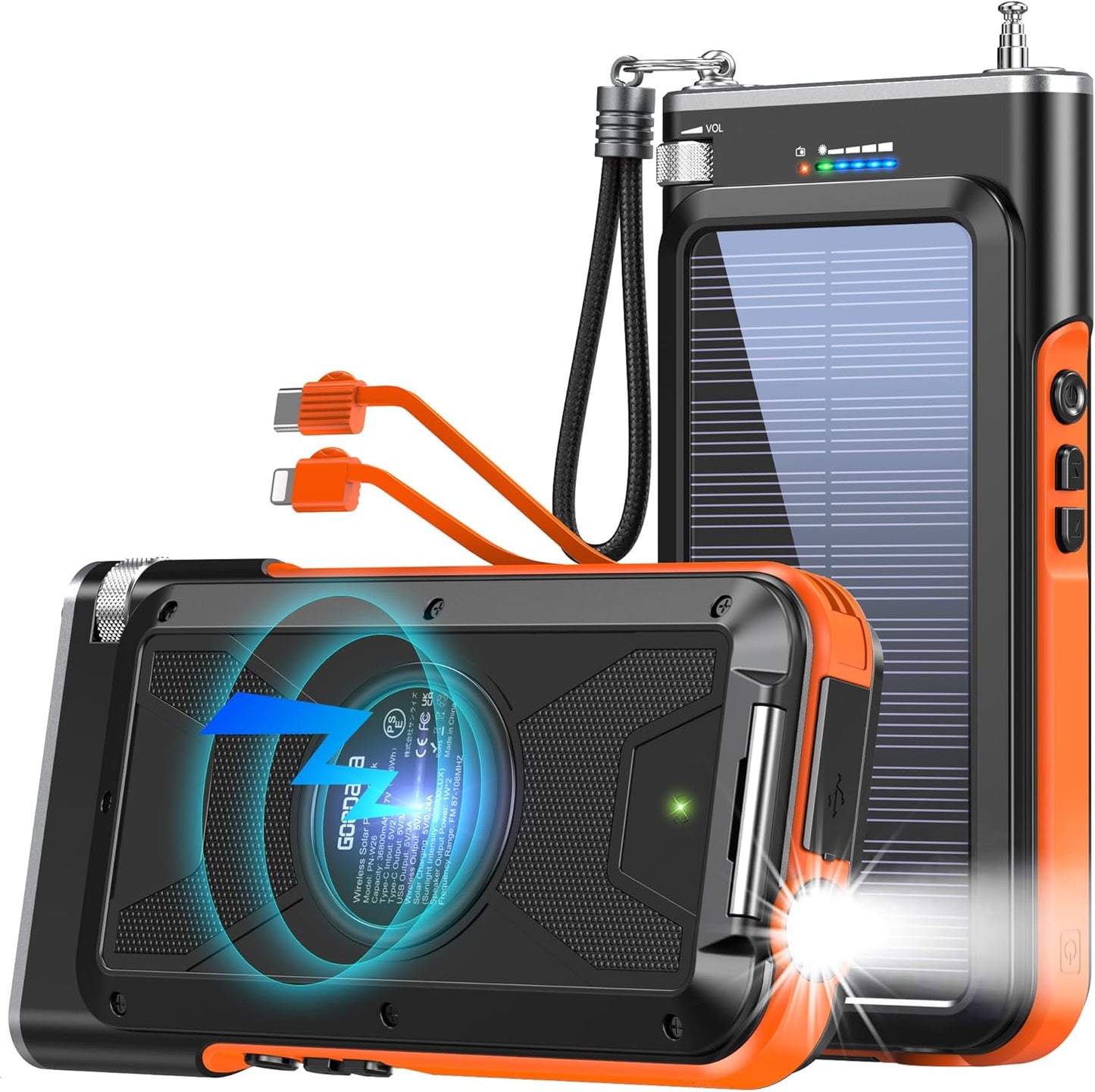 GOODaaa Solar Power Bank, 45800mAh Wireless Portable Charger Built-in Cables,15W Fast Charging Solar Charger, USB C in&Out and USB A Battery Pack for Outdoor with Emergency Radio,Flashlight