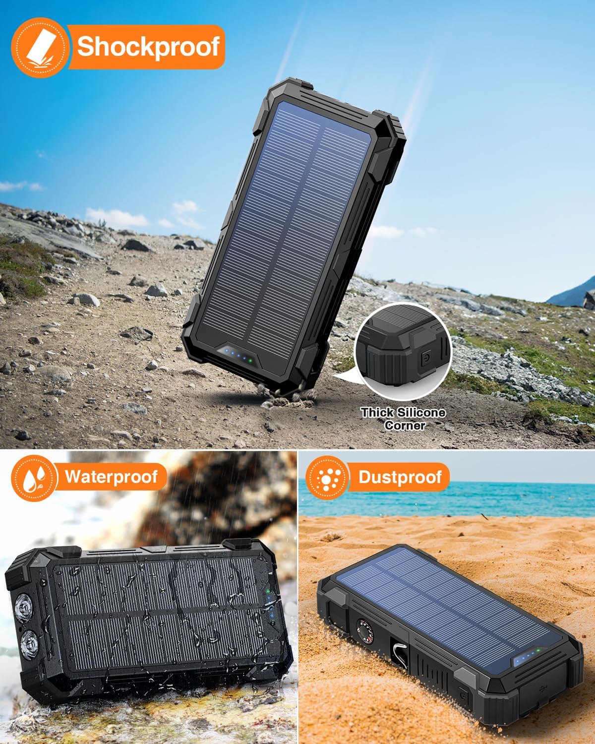 GOODaaa Solar Power Bank, 42800mAh Portable Charger 20W Fast Charging External Battery Pack Built in 4 Cables, Wireless Charging Power Bank for Apple Watches with Flashlight, Carabiner,Thermometer