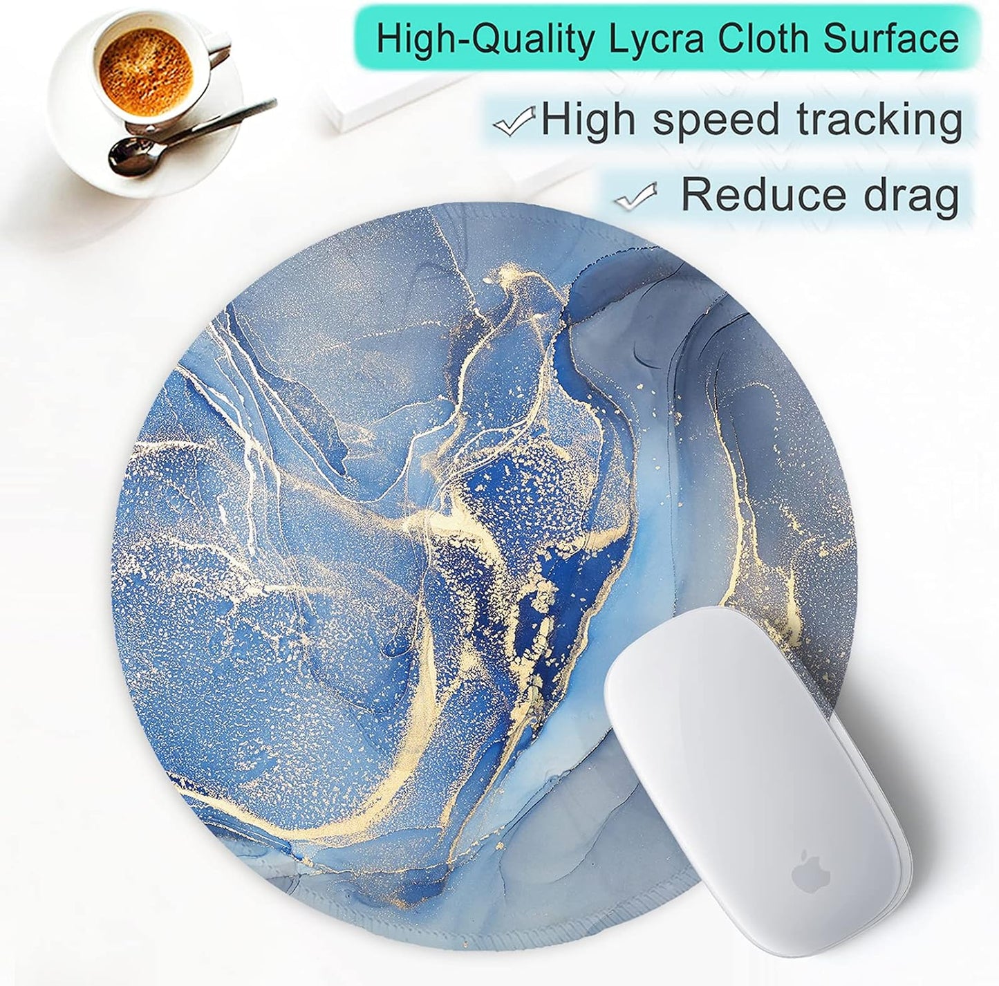 ITNRSIIET Round Mouse Pad with Stitched Edge Premium-Textured Waterproof Non-Slip Rubber Base Desktop Protection Mat Diameter 8.7 inches, Blue Marble Texture