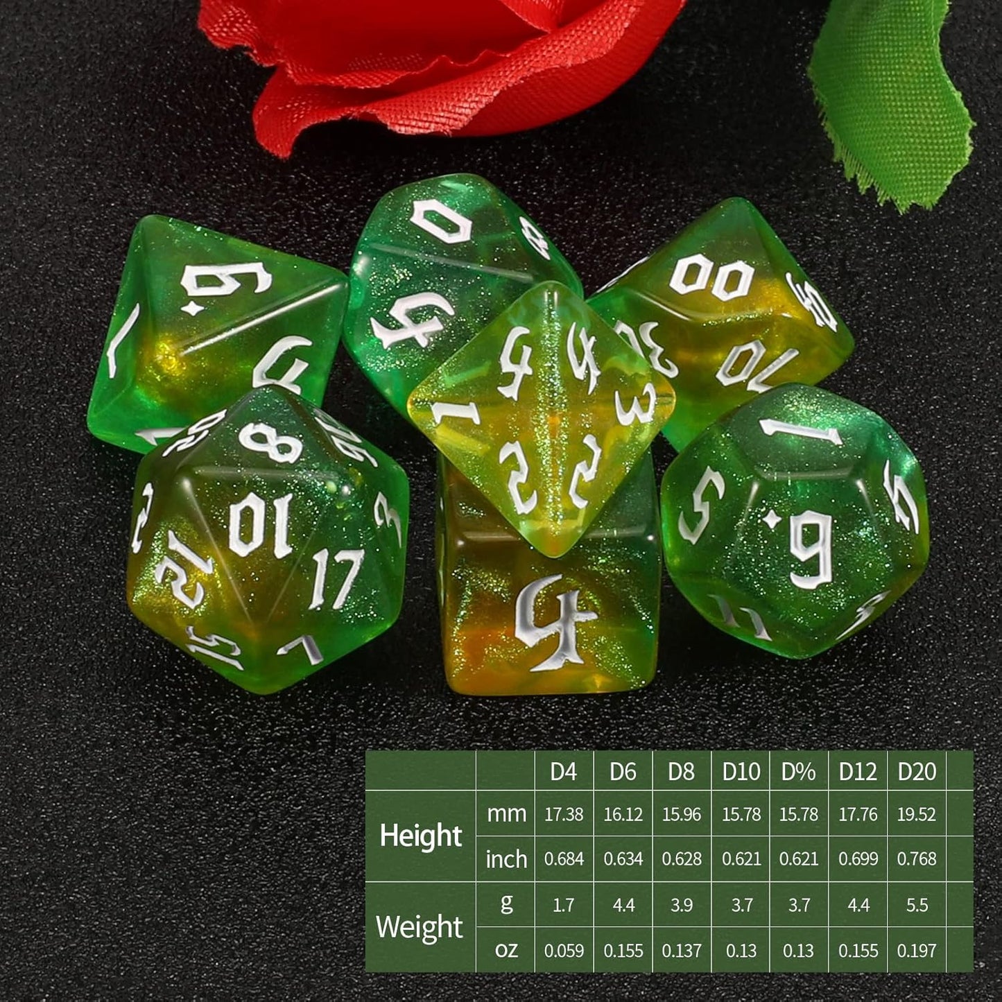 QMAY DND Dice Set -D&D Polyhedral Dice (7 Pcs) for Dungeons and Dragons (Pale Yellow and Green Glitter)