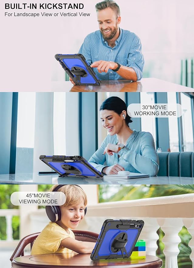 Case for Samsung Galaxy Tab S10 Plus/ S9 FE Plus/ S9 Plus 5G Tablet 12.4'', Shockproof Protective Cover with [Tempered Glass Screen Protector], Stand, Shoulder Strap & S Pen Holder (Blue)