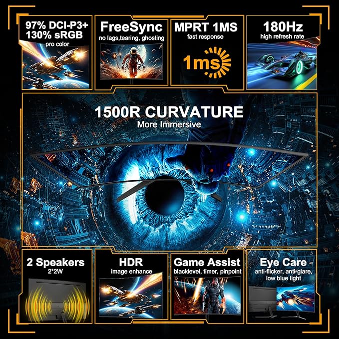 SANSUI 24 Inch Curved Gaming Monitor up to 180Hz MPRT 1ms with Built-in Speakers,FHD 1080P Computer Monitor Freesync 130% sRGB HDR,HDMI DP Ports VESA Mount Metal Stand(ES-G24C1 HDMI Cable Included)