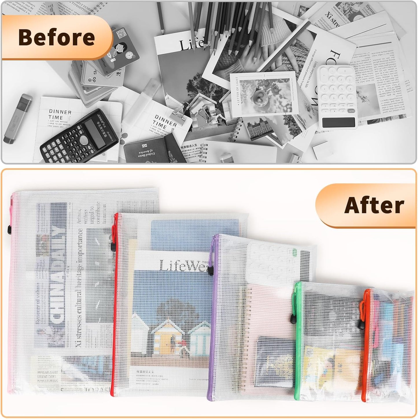 Umriox Zipper Mesh Document Pouch, 16.9x12.4 in (6 Colors, 18 Packs), Clear Zipper Pouches, Waterproof Zipper Pouches for Craft Projects Office Supplies Cosmetics Travel Storage