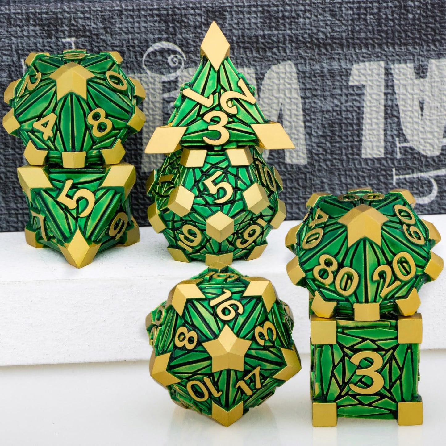 Metal DND Dice Set with Box, Debris RPG Green Golden D and D Dice for use with D&D Tabletop Games Role Playing Game Polyhedral Dice Set D20 D12 D10 D8 D6 D4