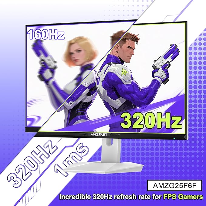 Amzfast 25 inch 320Hz/300Hz/240Hz White Gaming Monitor, FHD 1080P 1ms Fast IPS, 12 Months Warranty Exchange (HDMI & DP Dual Cable) TÜV Rheinland Eye Care | AI Crosshair, Night Vision Function