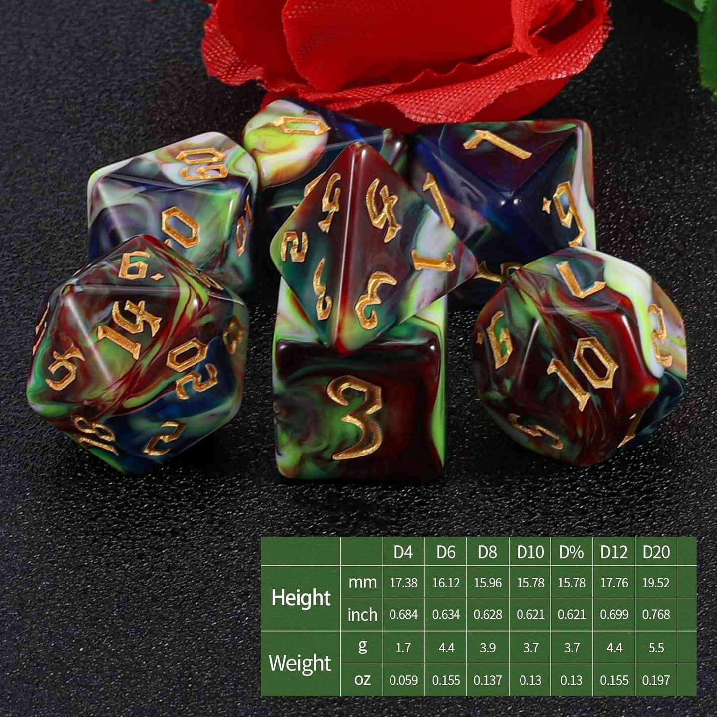 QMAY DND Dice Set - Polyhedral Dice (Blue Mix Blood red) 7 Pcs for Dungeon and Dragons D&D RPG Role Playing Games Dice with Dice Bag