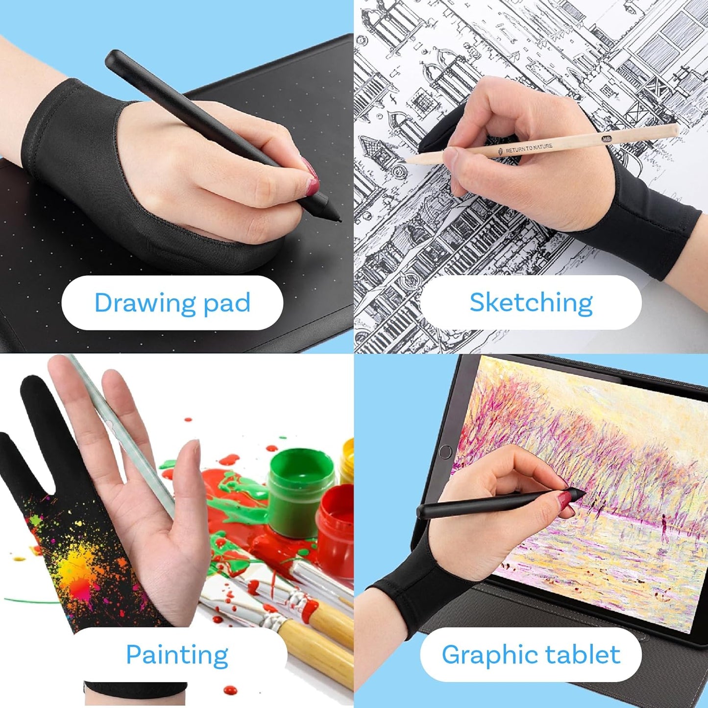 MMOBIEL Drawing Glove for Digital Tablet and Sketching Model A 2-Finger Palm Rejection Artist Glove – Small Size – Right and Left Hand Use