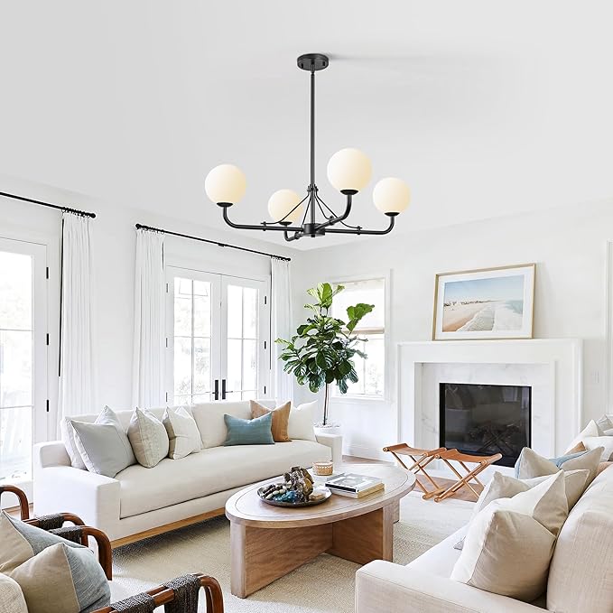 4 Lights Black Chandelier, Mid Century Modern Chandeliers for Dining Room, Hanging Sputnik Light Fixture for Living Room Kitchen Island Foyer Bedroom, Milk White Globe Glass Shade