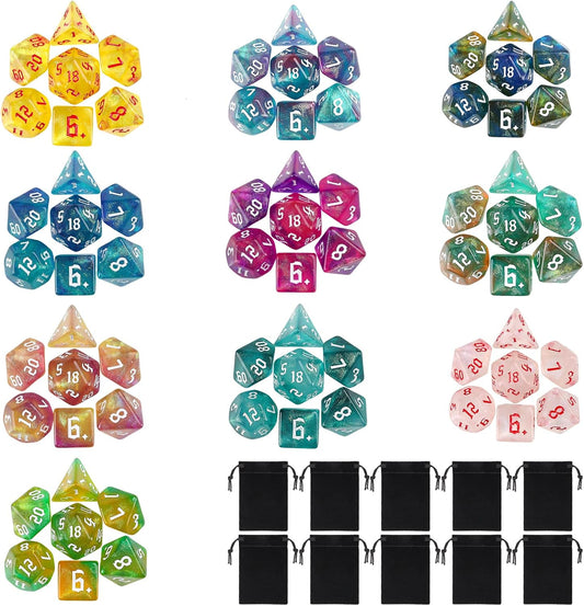 DND Dice Set, Surhugvy 10 X 7 (70 Pieces) Polyhedral Dice Set for Dungeons and Dragons DND RPG MTG Table Games with 10 Pack Black Bags