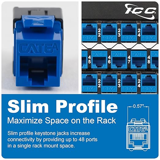 ICC CAT6A Keystone Jack with Slim Profile 180 Degree Punch Down, 10Gbps RJ45 UL Listed PoE++ TAA Compliant for Wall Plate or Patch Panel, Works with JackEasy Termination Tool, White 10 Pack