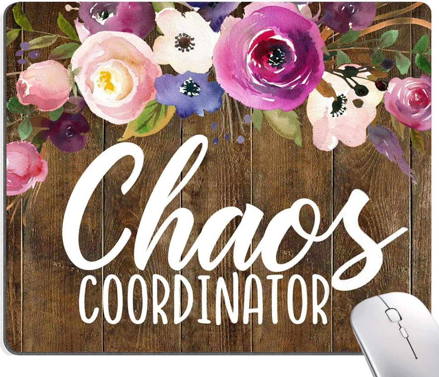 Mouse Pad, Chaos Coordinator Quotes Vintage Watercolor Floral Mouse Pad, Square Waterproof Mouse Pad Non-Slip Rubber Base MousePad