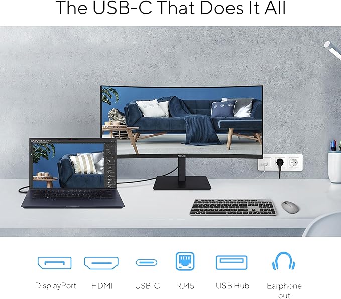 ASUS 34” Curved USB-C Docking Monitor (VA34VCPSR) - WQHD (3440x1440), 1500R Curvature, Frameless, USB-C PD 96W, RJ45, USB hub, Eye Care, Ergonomic, VESA Wall Mountable, 3 yr Warranty