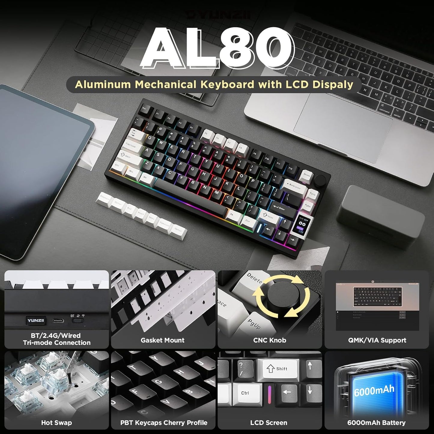 YUNZII AL80 Wireless Mechanical Keyboard,Full Aluminum CNC, Smart LCD Display,Hot Swappable Gasket Mount 75% Layout with Knob,BT/2.4G/USB-C,QMK/VIA Support for Win/Mac (Black, Gateron Zero Switch)