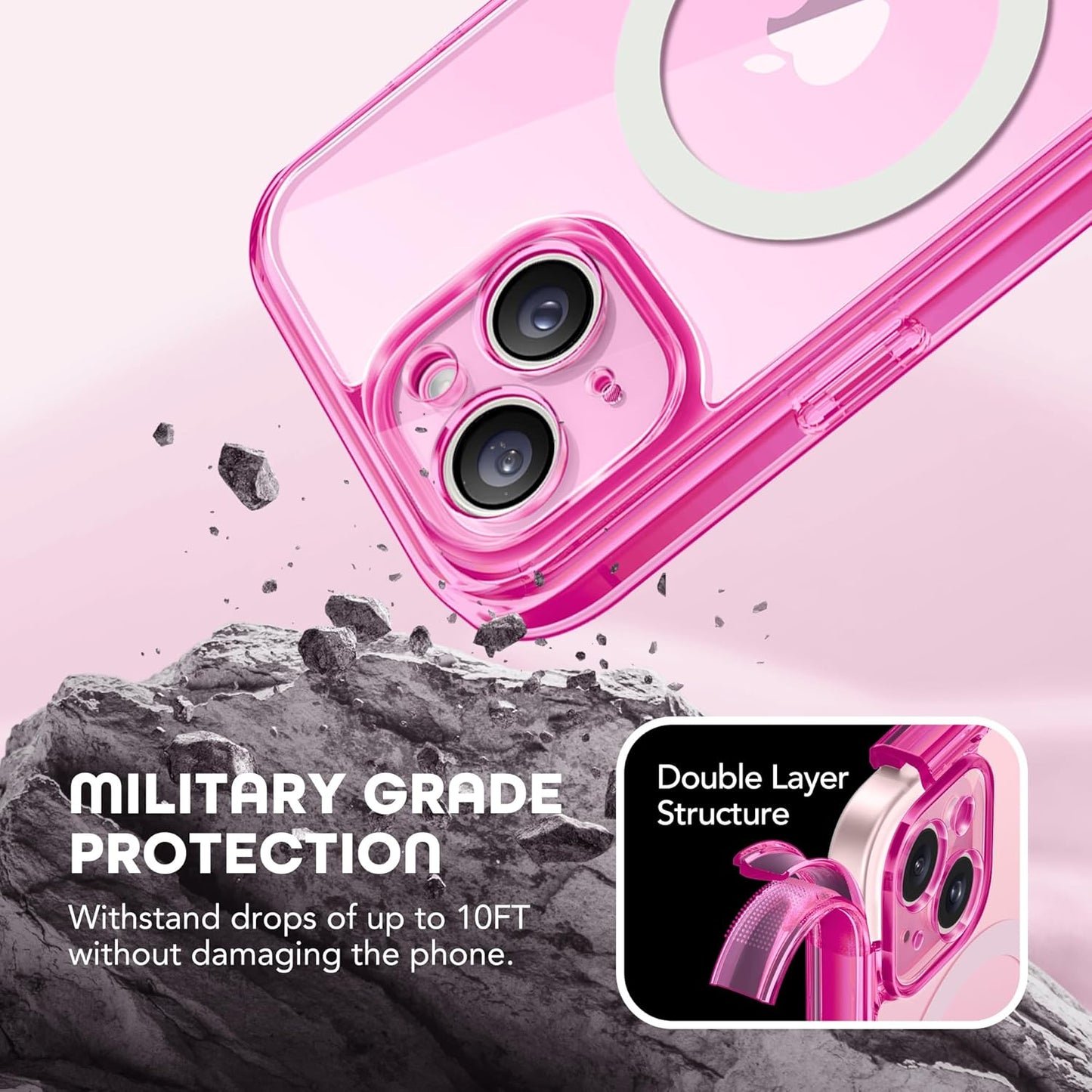 Magnetic for iPhone 15 Case, Compatible with MagSafe, Built-in Privacy Screen Protector and Camera Protection, Anti Spy Full Body Dustproof Shockproof Hard Phone Case 6.1", Fluorescent Pink