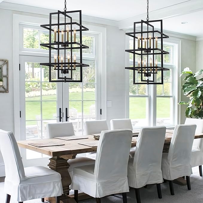 33.46" Large Black Chandelier for High Ceilings Tiered Pendant Light Fixtures Rectangular Farmhouse Chandelier for Foyer Entryway Staircase Living Room Kitchen Island 8 Lights