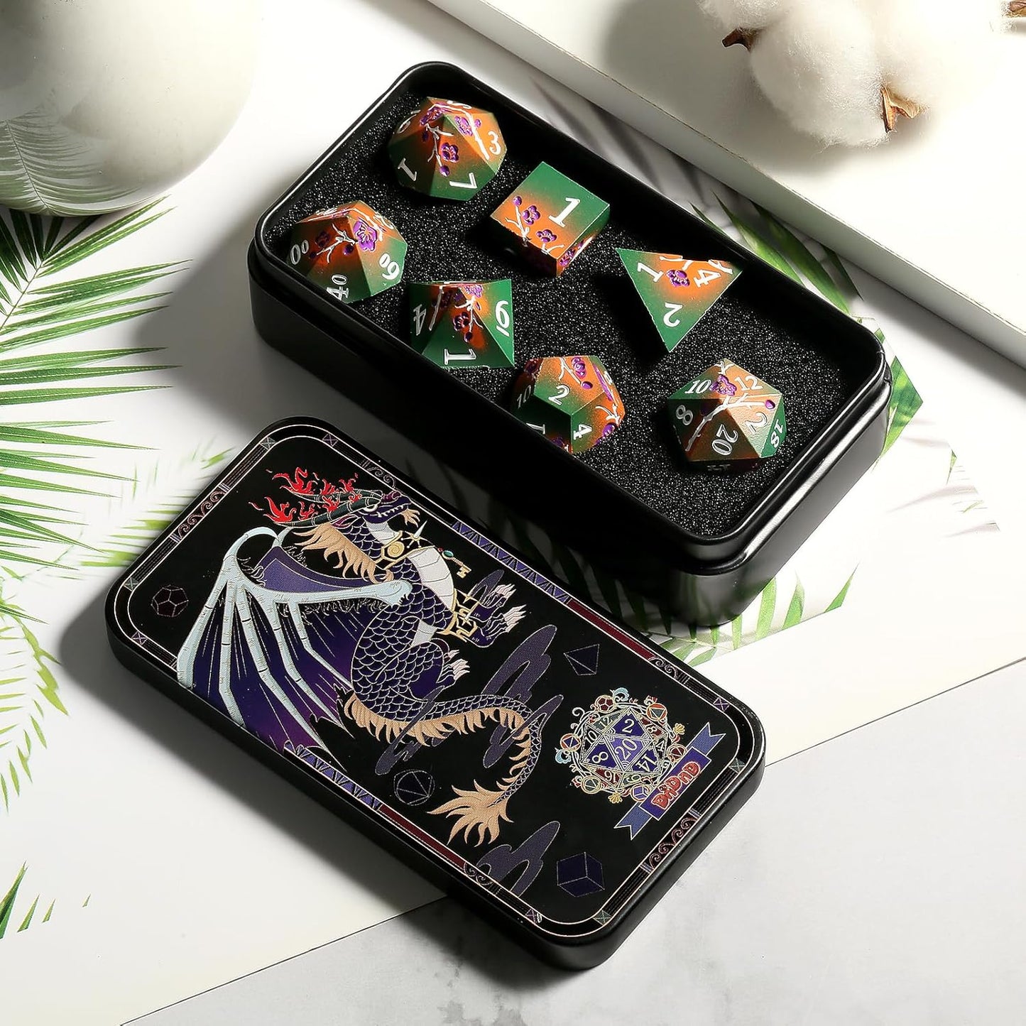 DNDND Metal Dice, 7 PCS Metallic Flowers D&D Dice with Gorgeous Gift Case for DND Dungeons and Dragon Tabletop Game (Army Green and Orange)